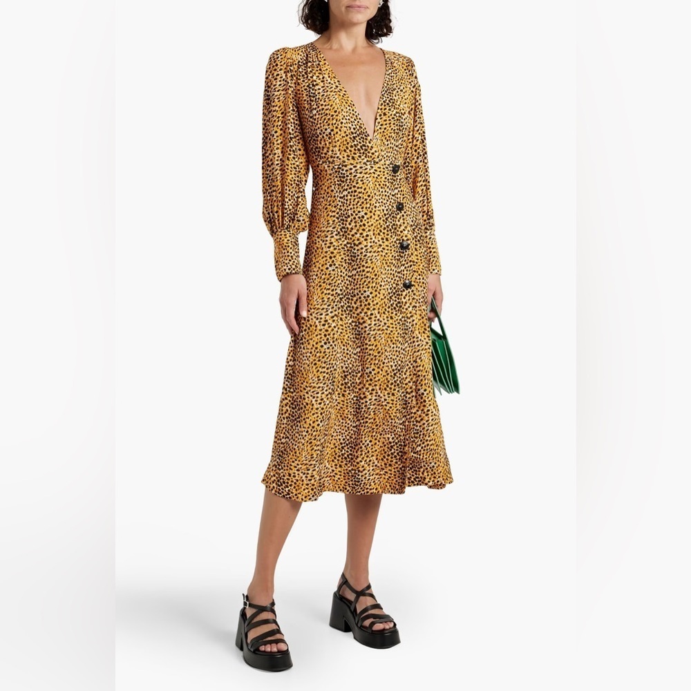 Ganni Wrap-effect Yellow Leopard Print Crepe Buttoned Midi Dress Long Sleeve 42